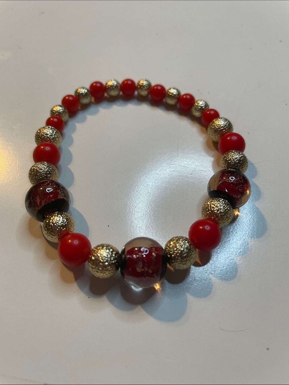 Red and Gold Beaded Stretch Bracelet - Elegant Women's Jewelry